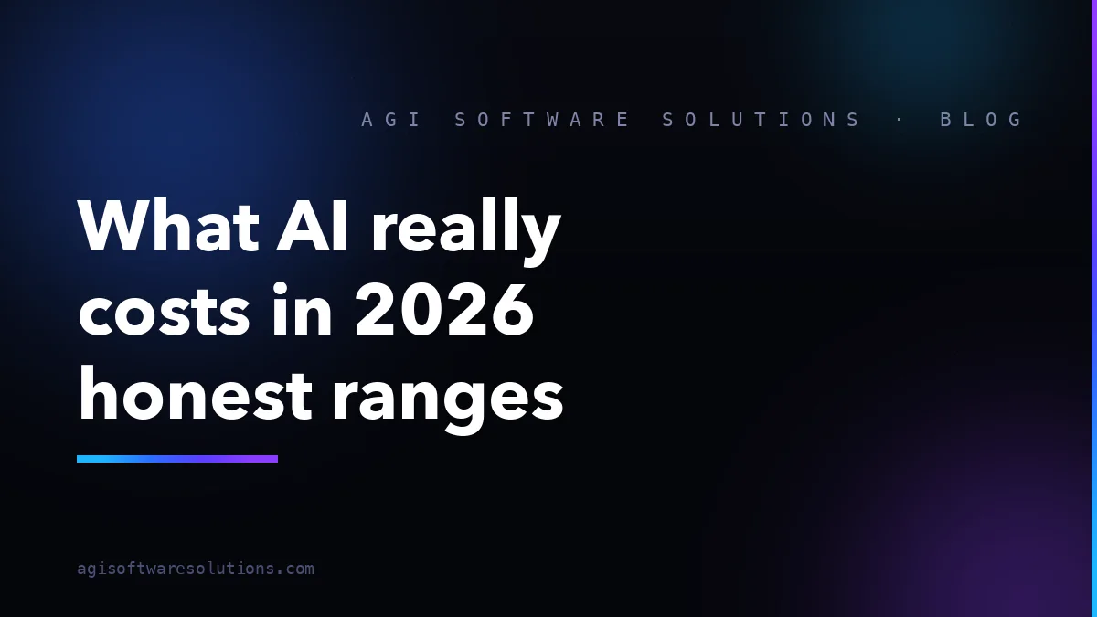 Cost breakdown graphic showing 2026 AI development budget ranges for chatbots, AI agents, voice agents, RAG systems, and workflow automation.