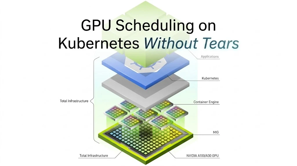 GPU scheduling on Kubernetes: stack diagram with MIG-partitioned GPU